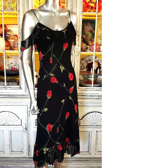 Vintage Betsey Johnson New York 90s Black Floral Red Rose Milkmaid Slip Dress S - Picture 13 of 15